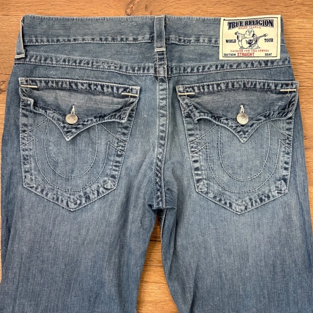 True Religion Straight Leg Jeans Mens 34 Blue Distressed Denim Flap Pockets